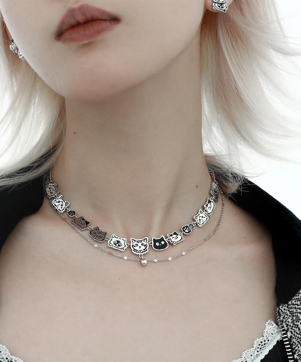 Bohemian Silk Stainless Steel Graffiti Cat Double-Layer Necklace