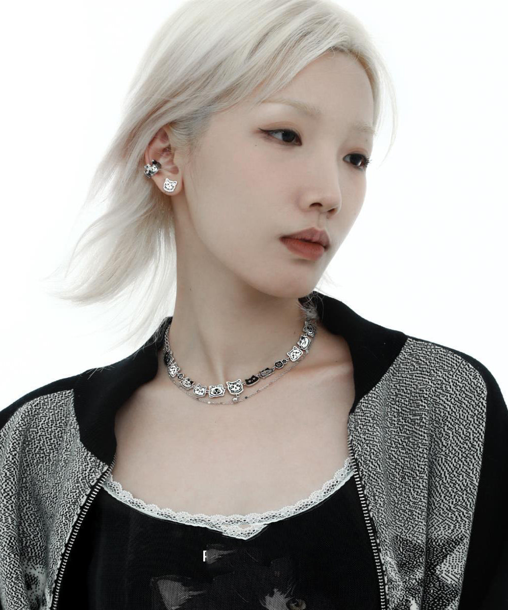 Bohemian Silk Stainless Steel Graffiti Cat Double-Layer Necklace