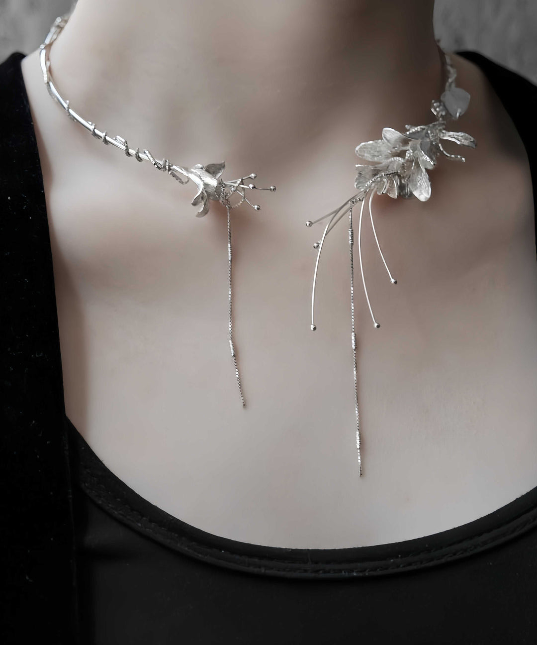 Bohemian Silk Sterling Silver Floral Tassel Choker - Omychic