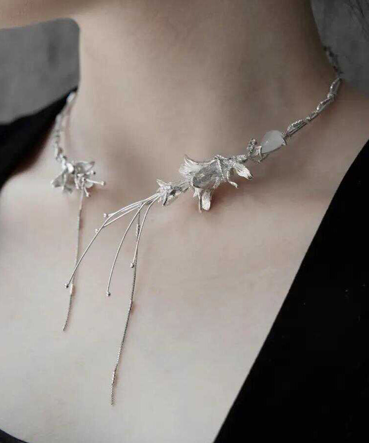 Bohemian Silk Sterling Silver Floral Tassel Choker - Omychic
