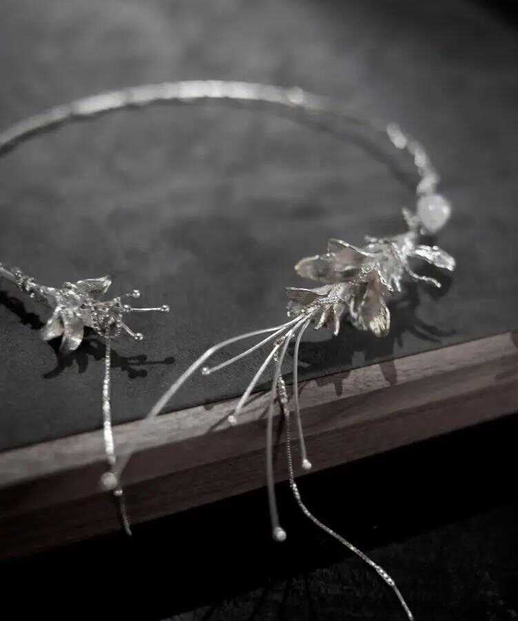 Bohemian Silk Sterling Silver Floral Tassel Choker - Omychic