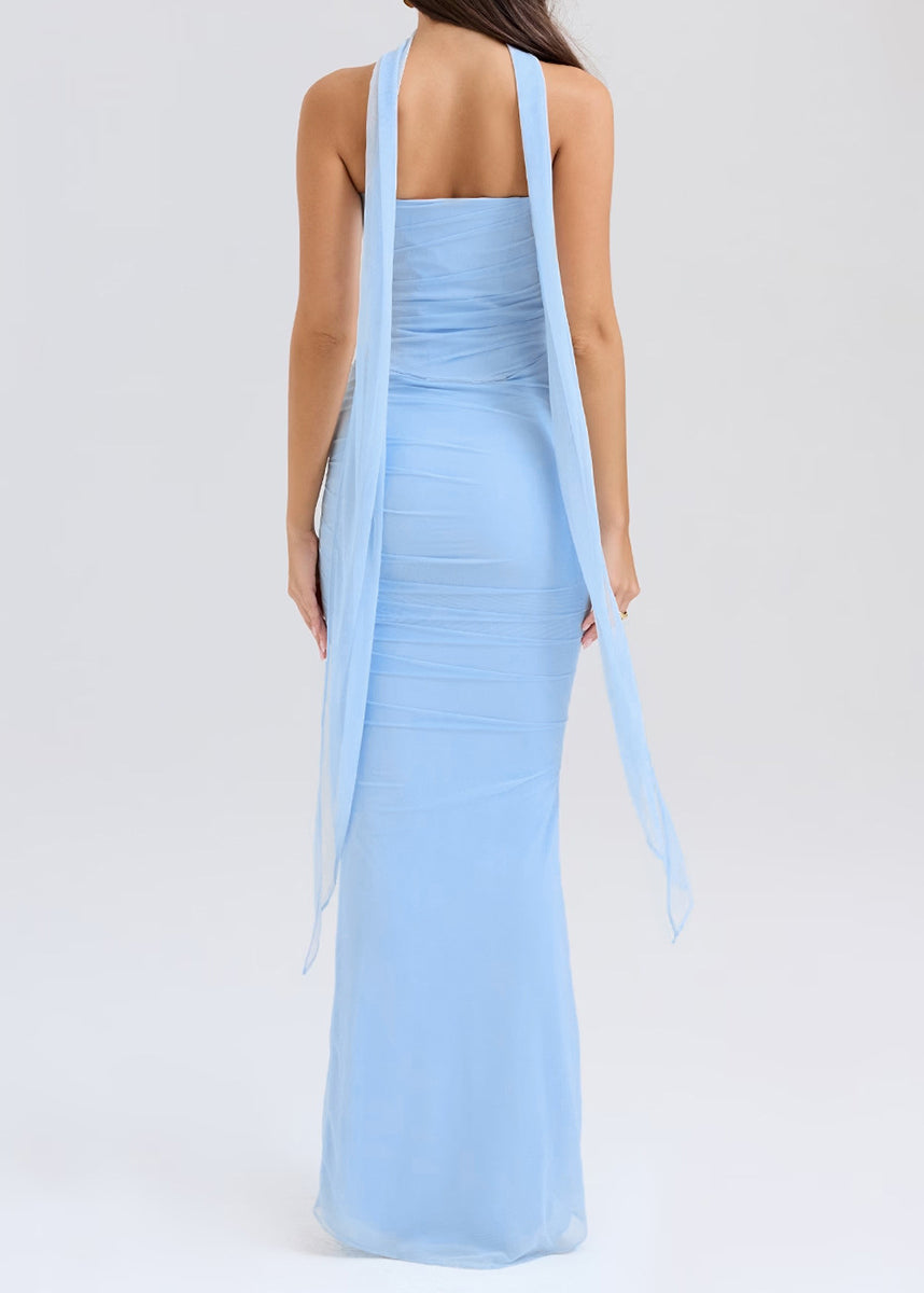 Bohemian Sky Blue Cold Shoulder Tulle Strapless Wraped Dress Summer