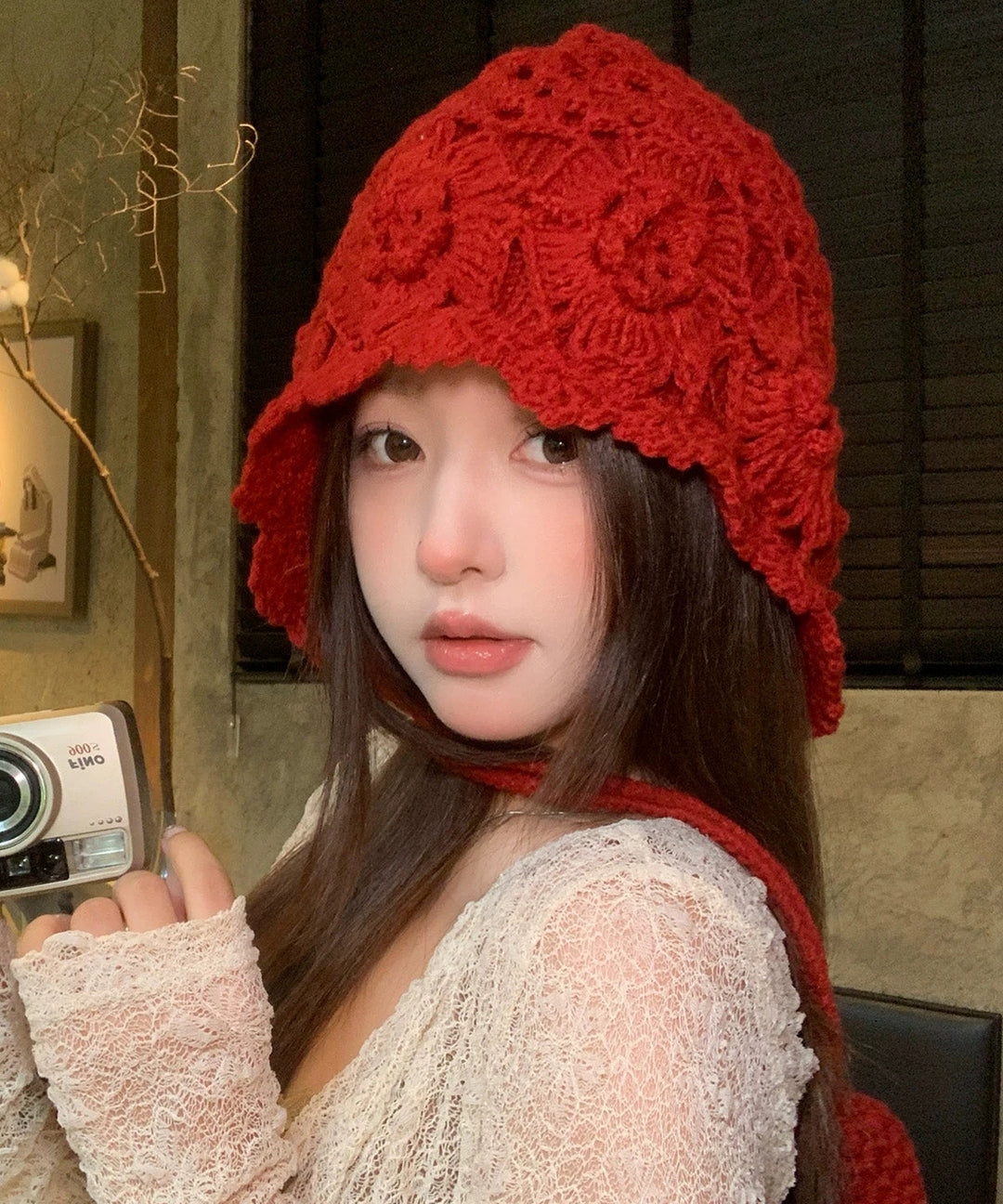 Bohemian Style Red Hollow Floral Knitted Boonie Hat