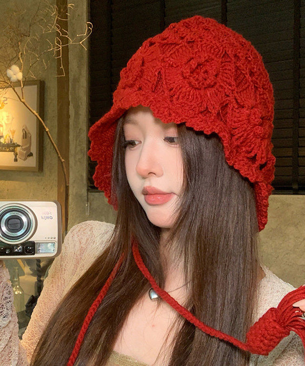 Bohemian Style Red Hollow Floral Knitted Boonie Hat