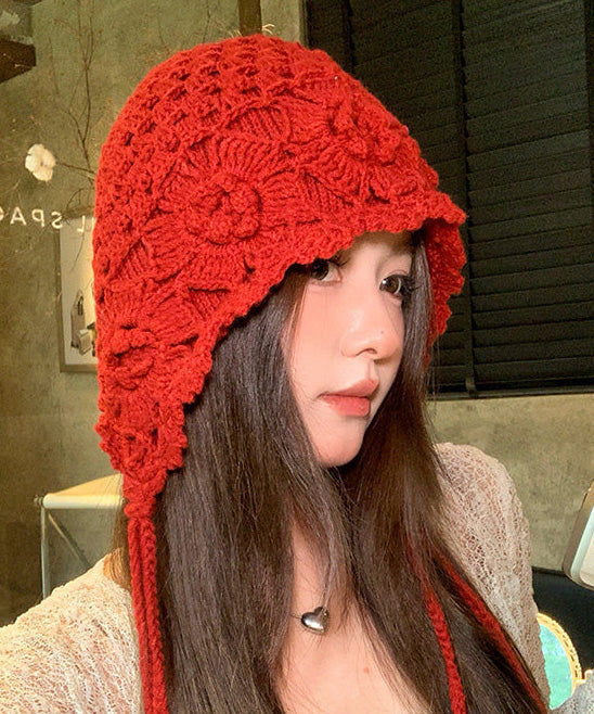 Bohemian Style Red Hollow Floral Knitted Boonie Hat