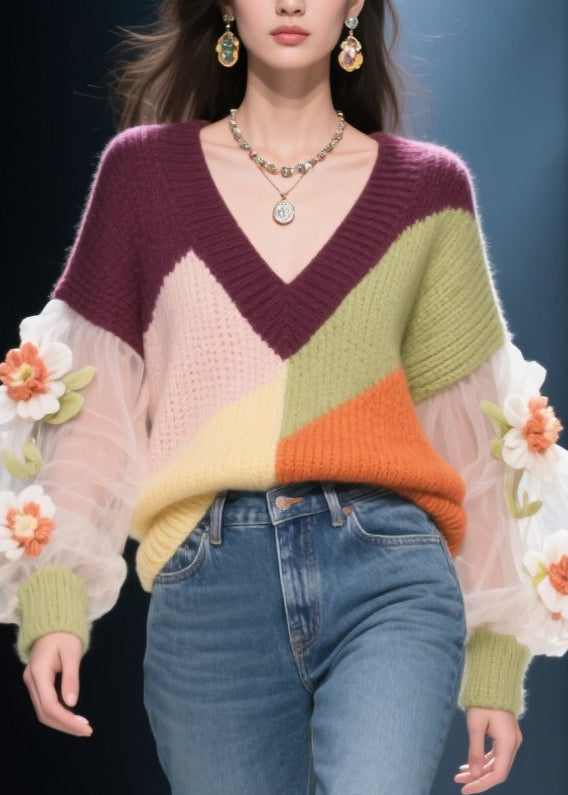 Bohemian V Neck Floral Patchwork Knit Short Sweater Fall