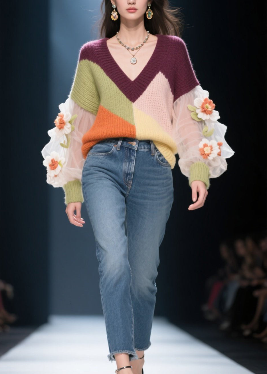 Bohemian V Neck Floral Patchwork Knit Short Sweater Fall