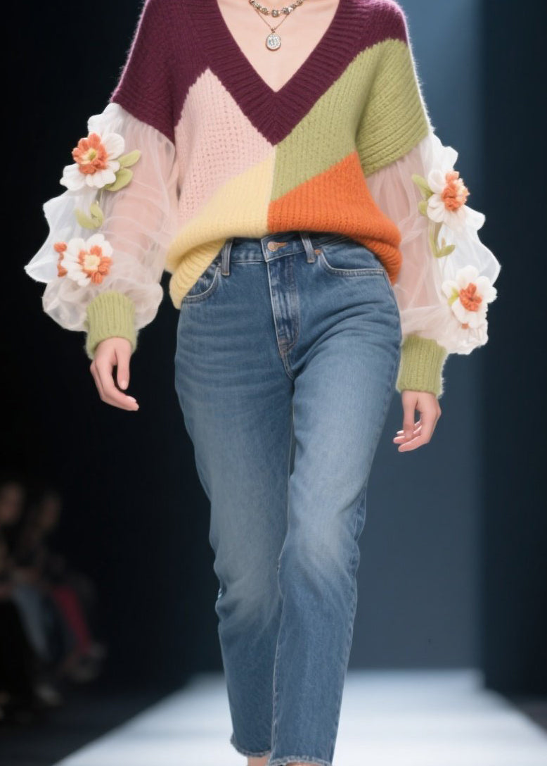 Bohemian V Neck Floral Patchwork Knit Short Sweater Fall