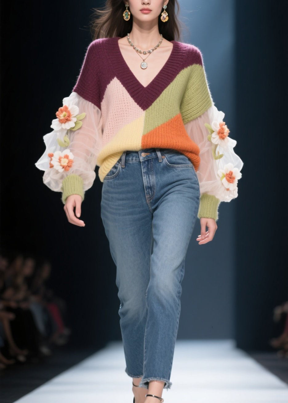 Bohemian V Neck Floral Patchwork Knit Short Sweater Fall