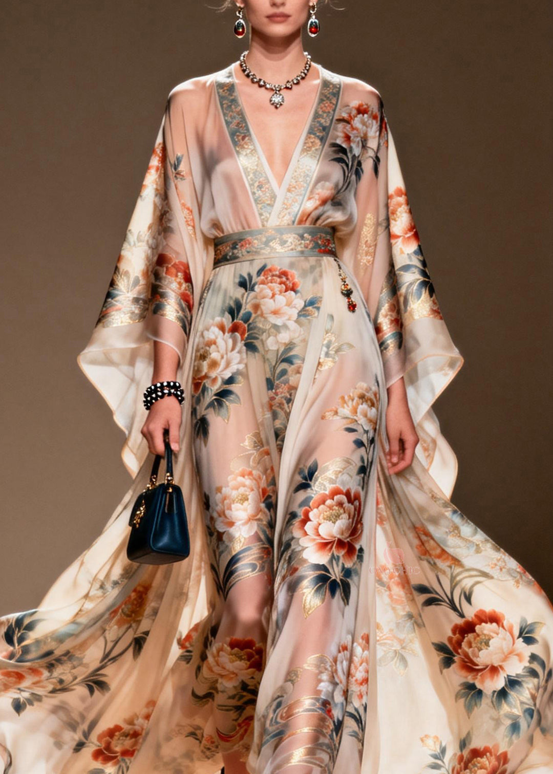 Bohemian V Neck Print Chiffon Long Dresses Spring