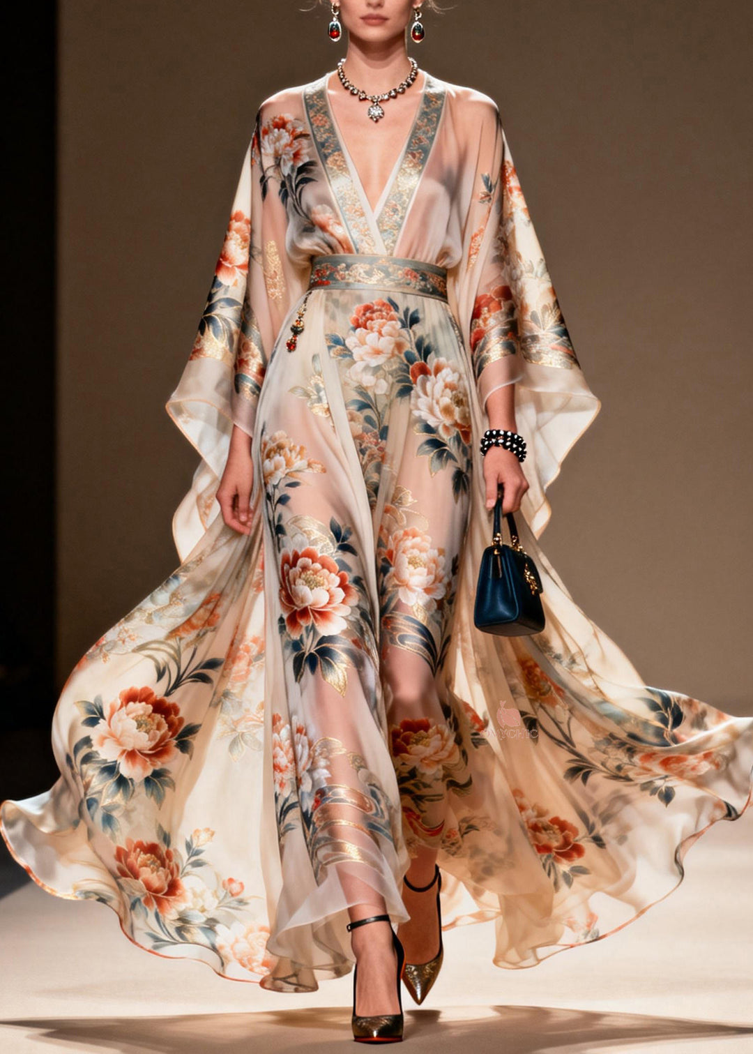 Bohemian V Neck Print Chiffon Long Dresses Spring