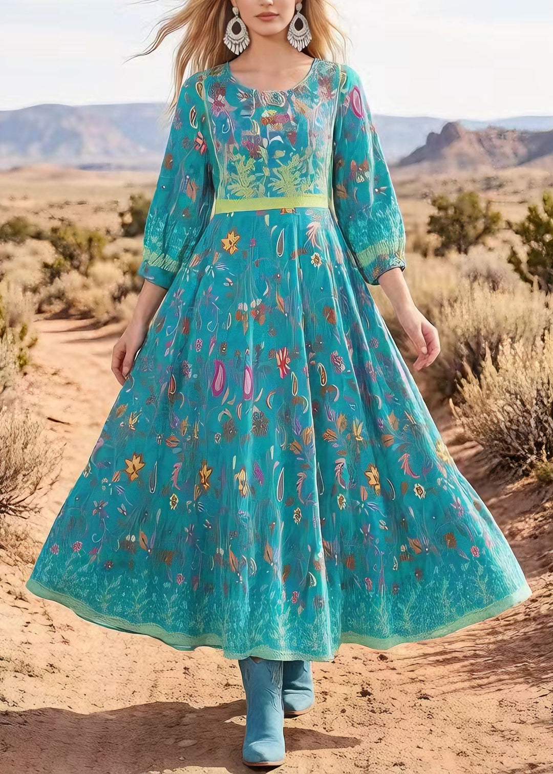 Bohemian V Neck Print Exra Large Hem Cotton Maxi Dresses Summer