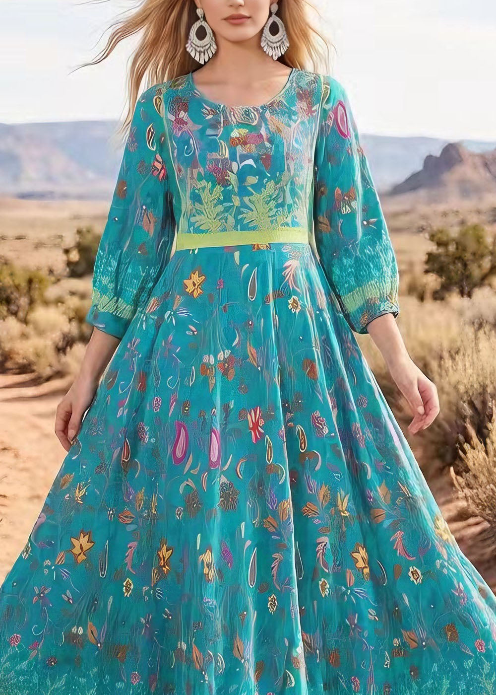 Bohemian V Neck Print Exra Large Hem Cotton Maxi Dresses Summer
