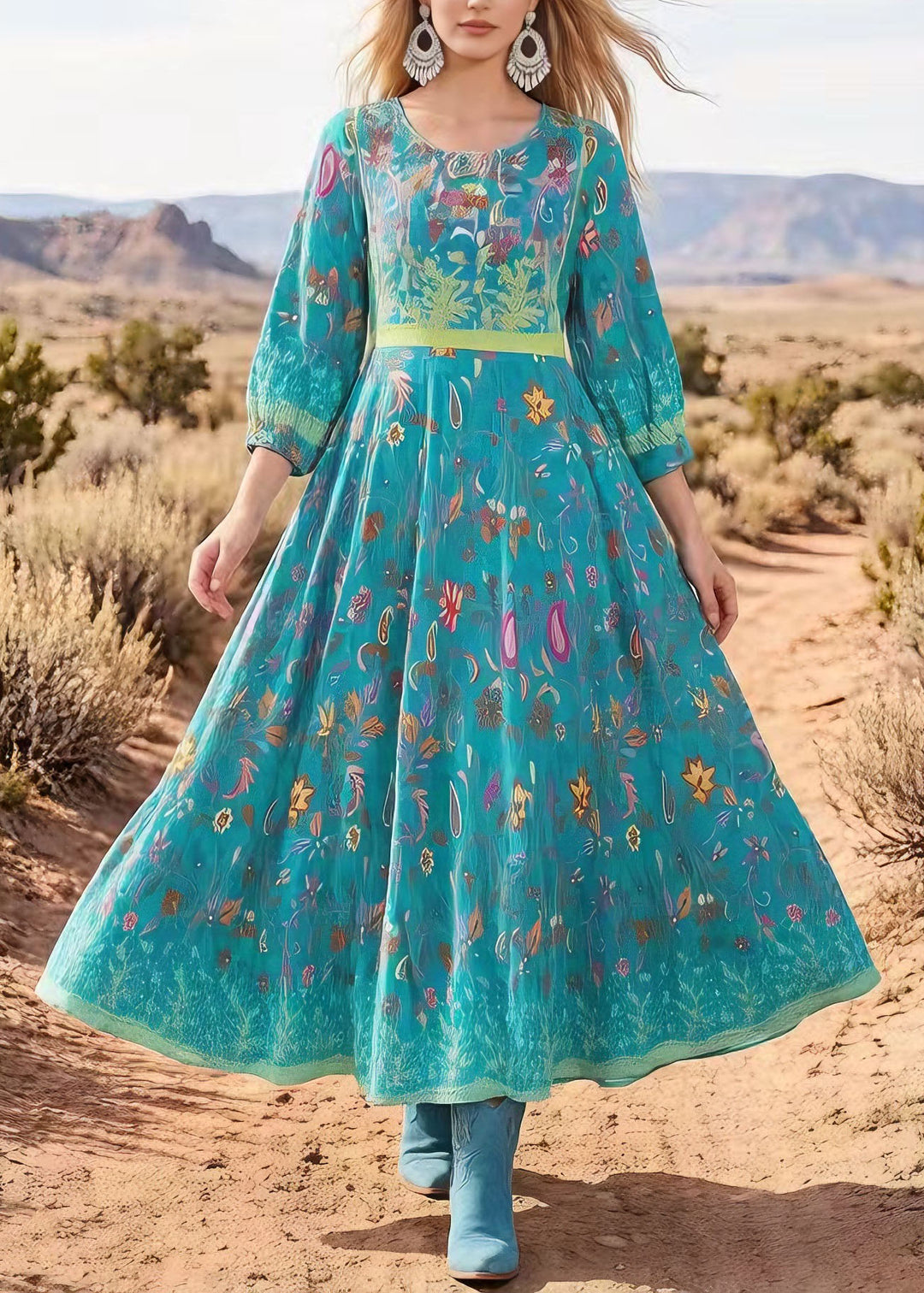 Bohemian V Neck Print Exra Large Hem Cotton Maxi Dresses Summer