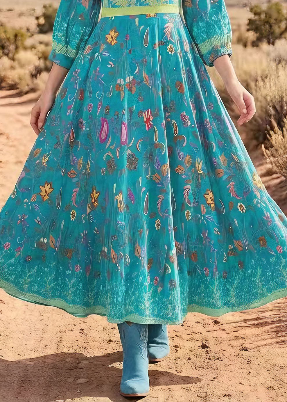 Bohemian V Neck Print Exra Large Hem Cotton Maxi Dresses Summer