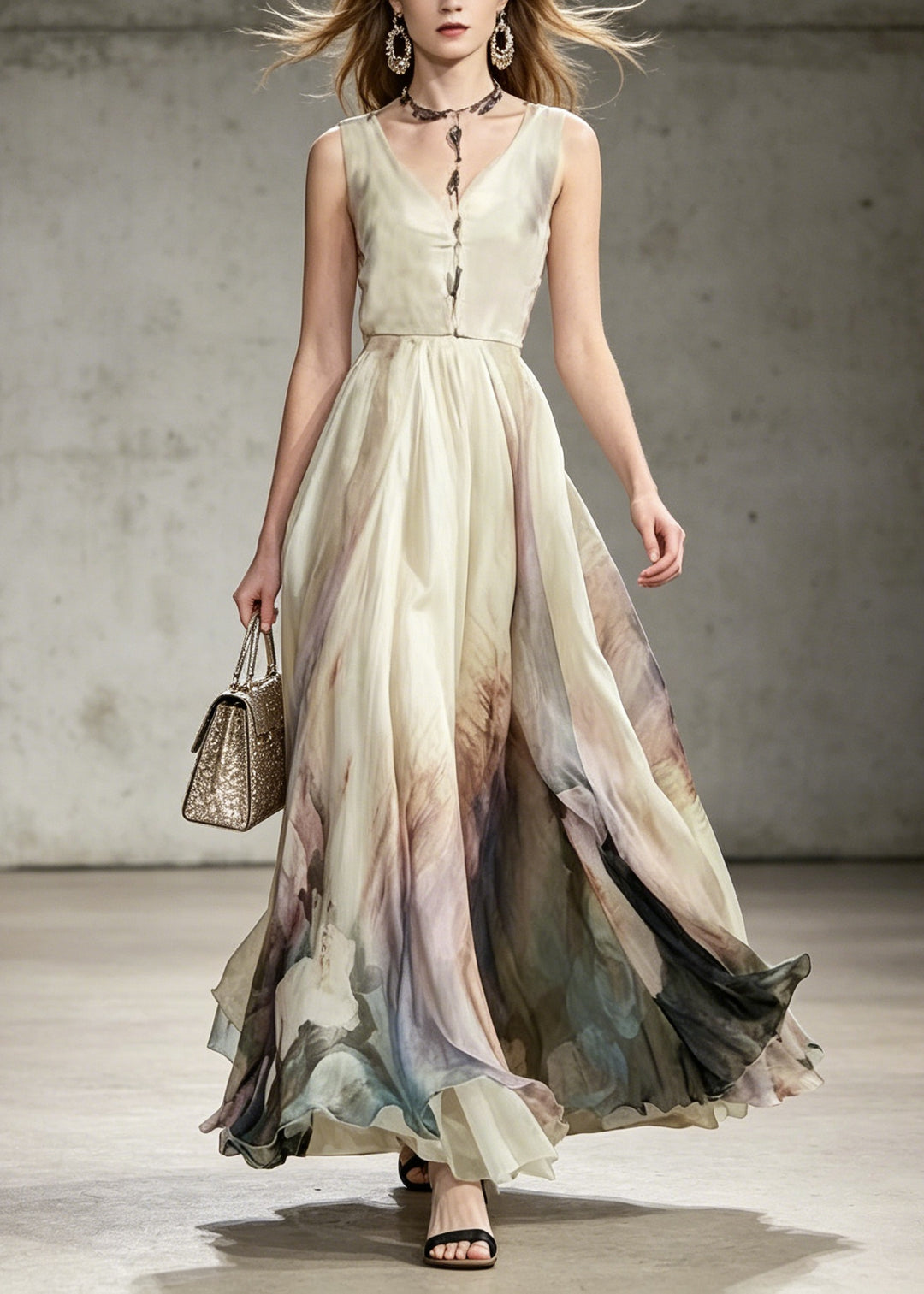 Bohemian V Neck Tie Dye Chiffon Maxi Dresses Sleeveless