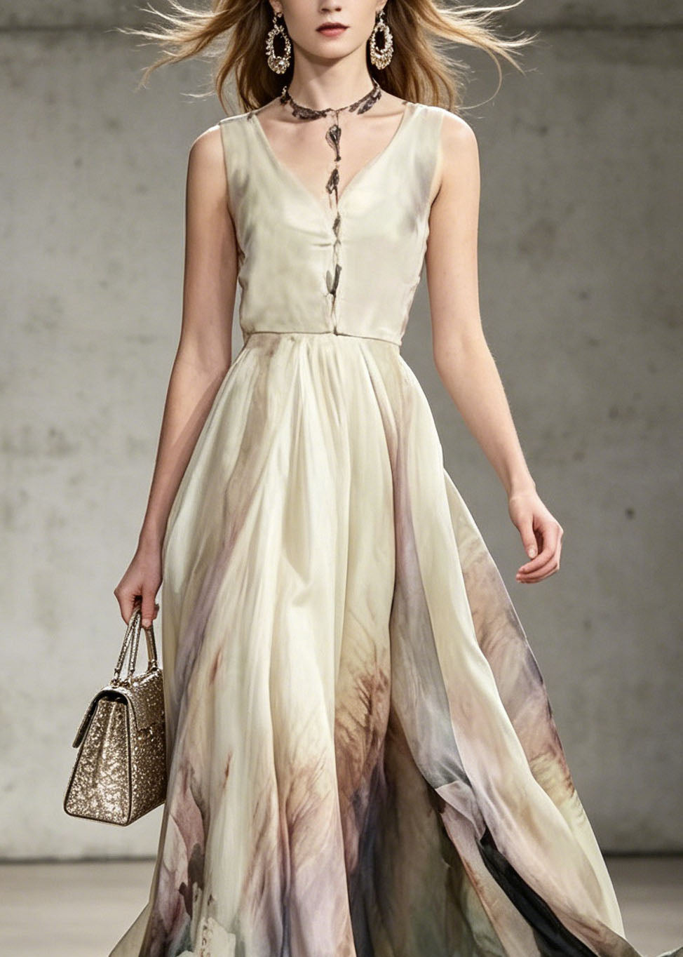 Bohemian V Neck Tie Dye Chiffon Maxi Dresses Sleeveless