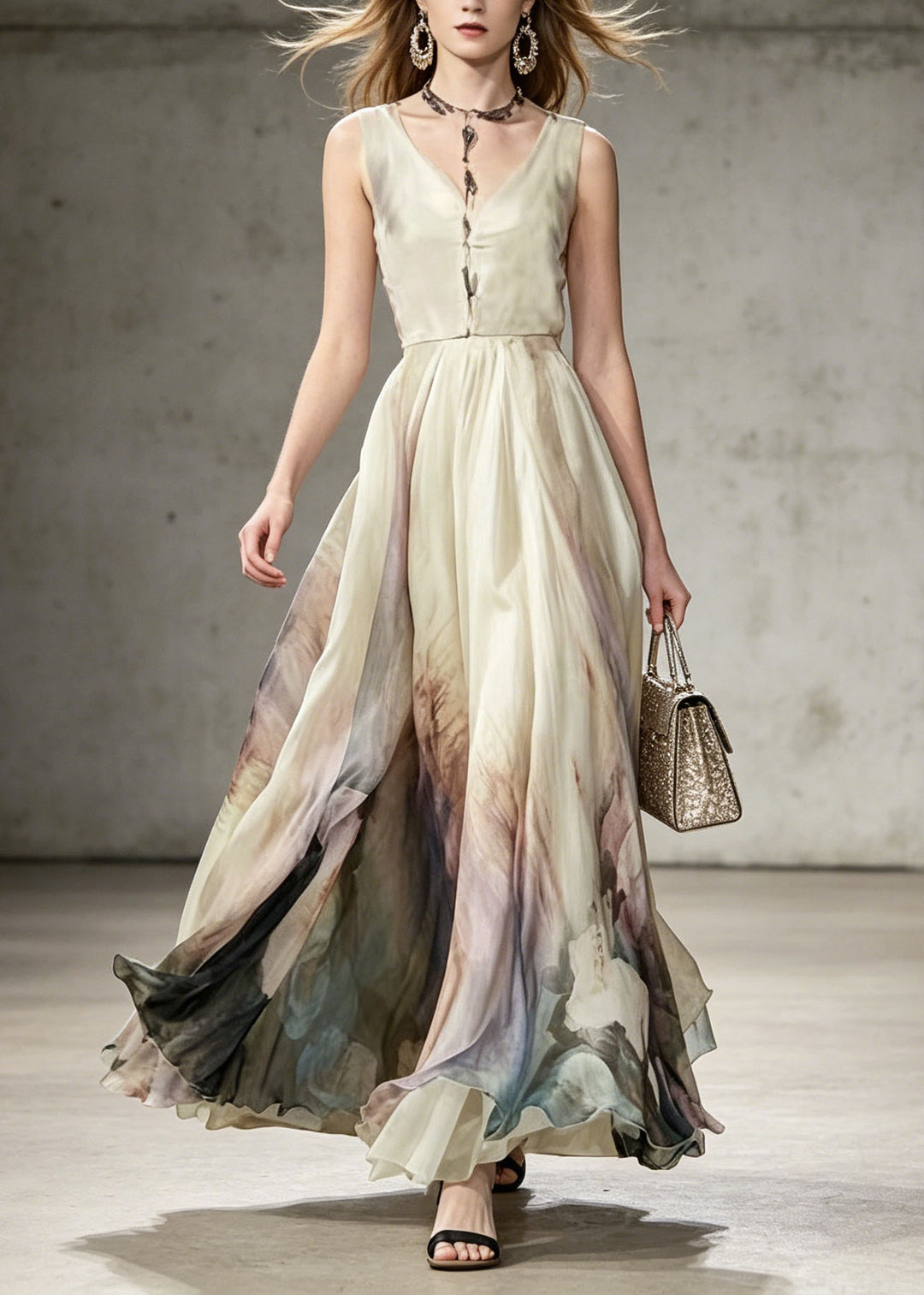 Bohemian V Neck Tie Dye Chiffon Maxi Dresses Sleeveless