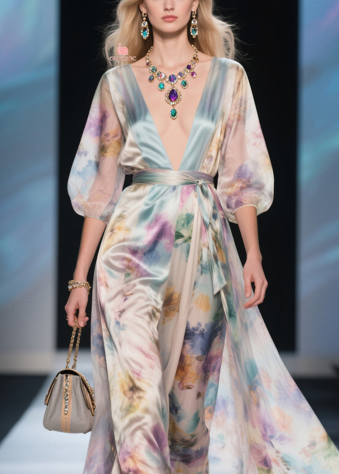 Bohemian V Neck Tie Waist Silk Maxi Dress Summer