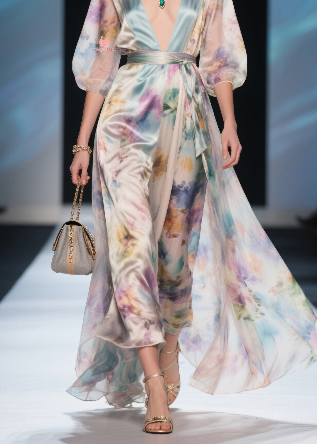 Bohemian V Neck Tie Waist Silk Maxi Dress Summer
