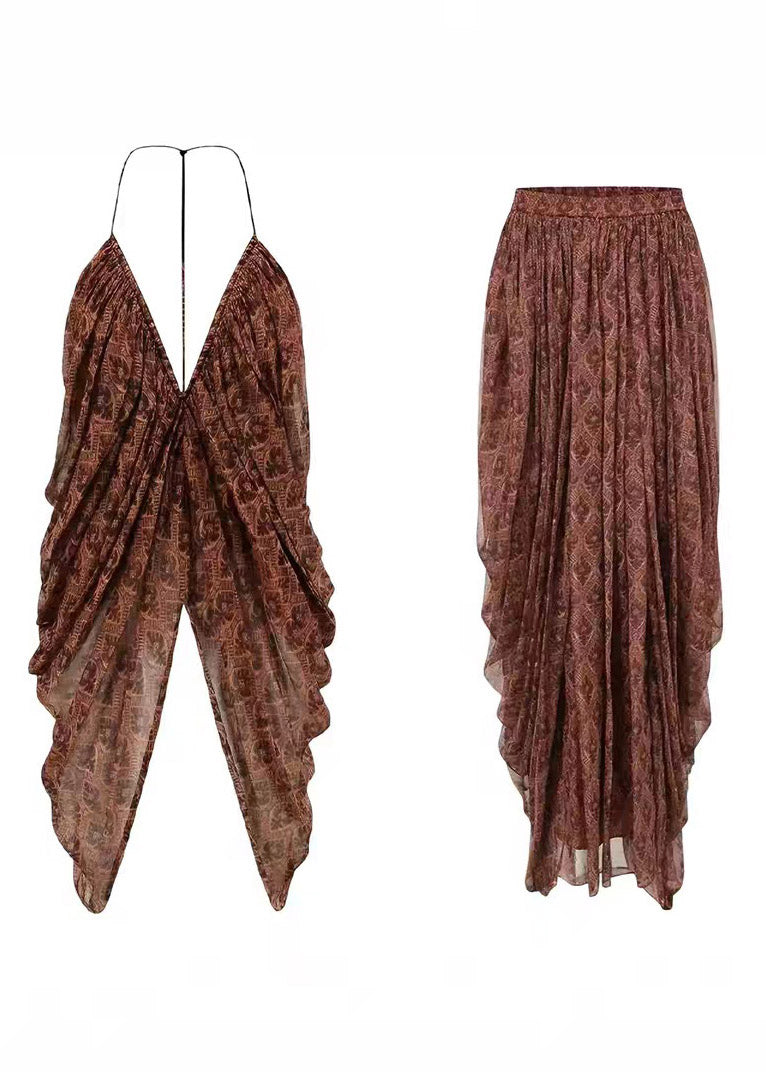 Bohemian V Neck Top And A Line Skirts Two Pieces Set Summer