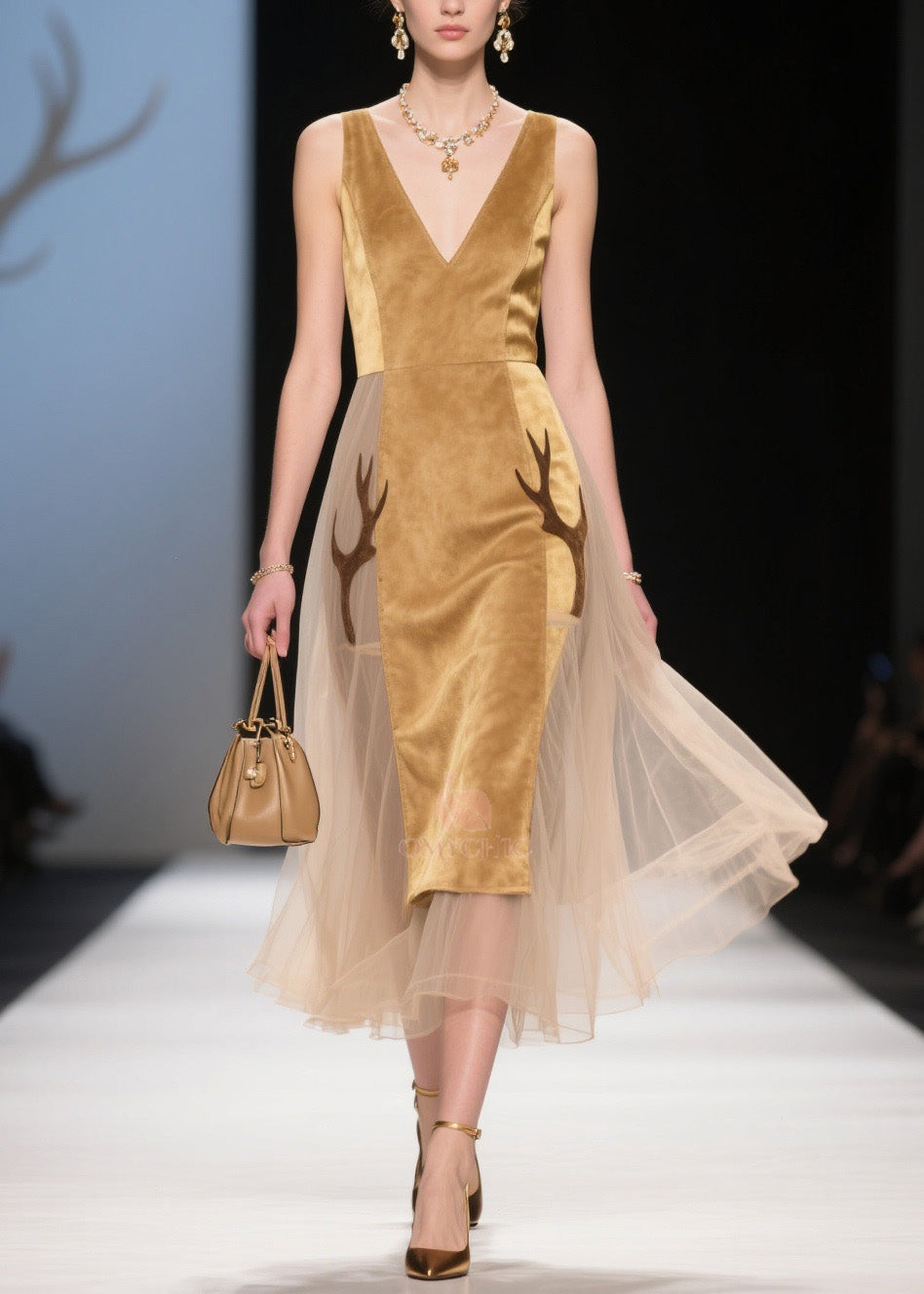 Bohemian V Neck Tulle Patchwork Velvet Dress Sleeveless