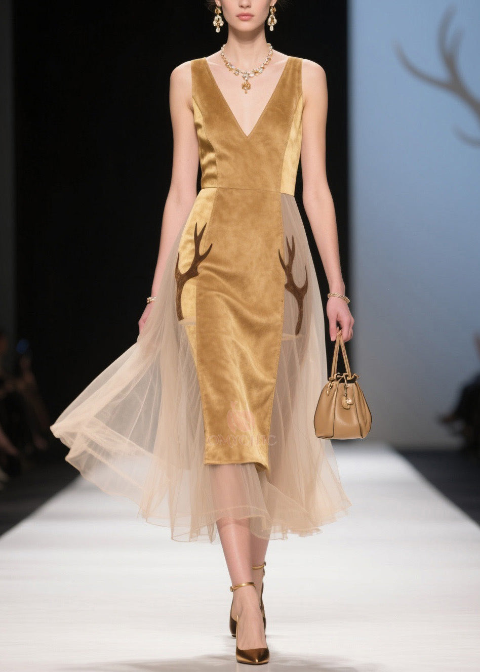 Bohemian V Neck Tulle Patchwork Velvet Dress Sleeveless