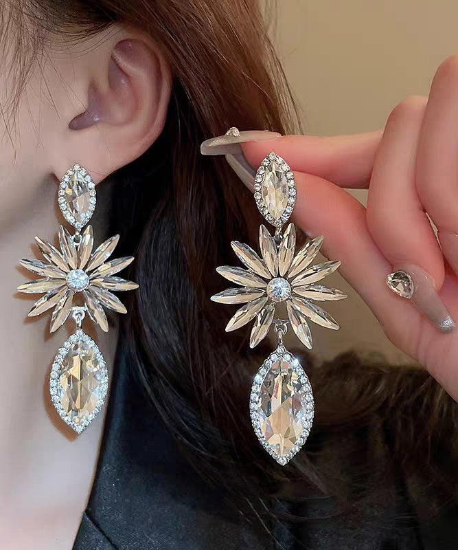 Bohemian White Alloy Zircon Floral Water Droplet Drop Earrings
