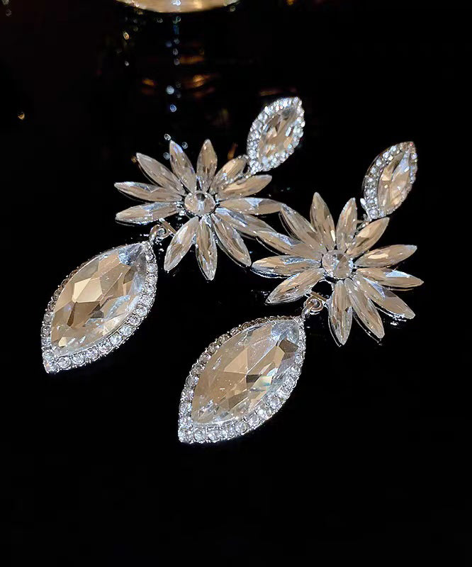 Bohemian White Alloy Zircon Floral Water Droplet Drop Earrings