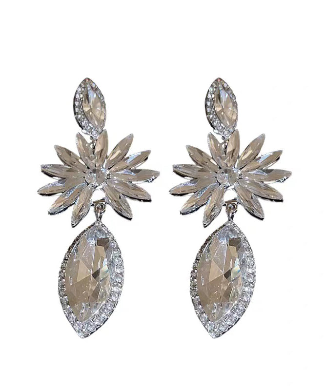 Bohemian White Alloy Zircon Floral Water Droplet Drop Earrings