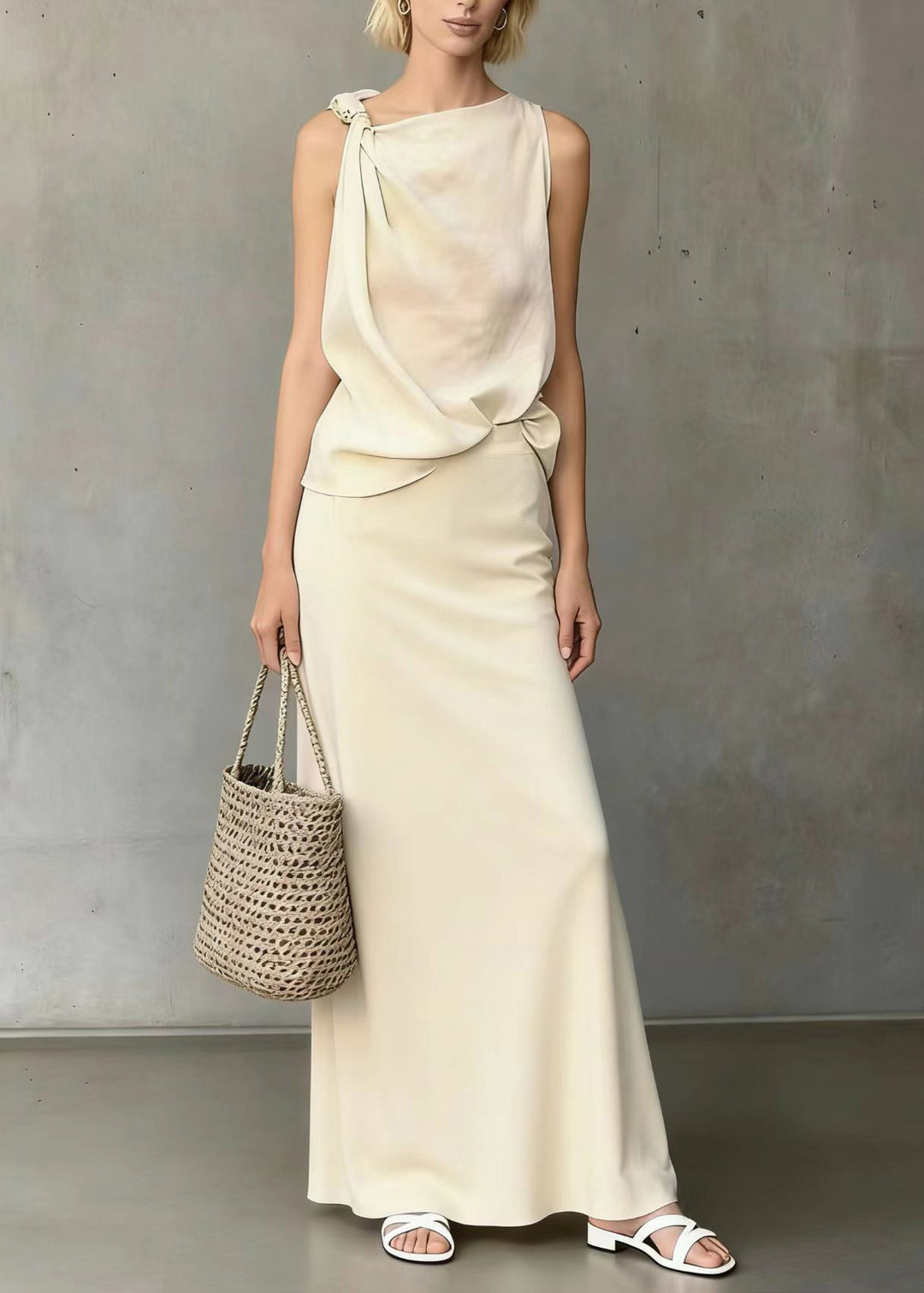 Bohemian White Asymmetrical Shoulder Knotted Cotton Two Pieces Set Sleeveless