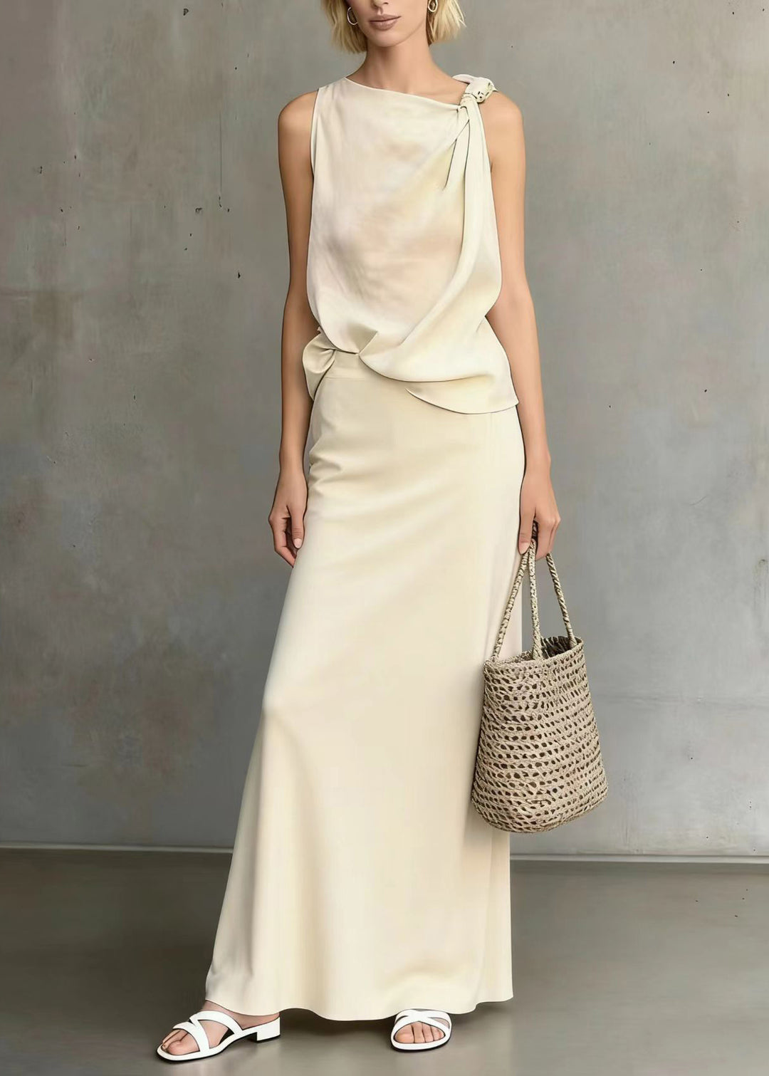 Bohemian White Asymmetrical Shoulder Knotted Cotton Two Pieces Set Sleeveless