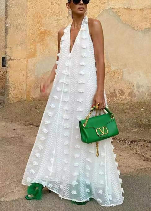 Bohemian White Backless Ribbon Floral Maxi Dress Sleeveless