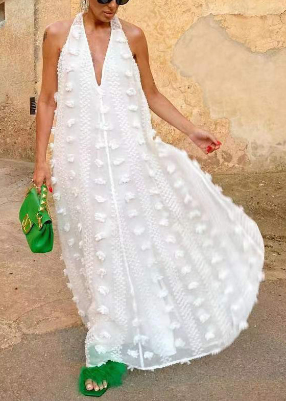 Bohemian White Backless Ribbon Floral Maxi Dress Sleeveless