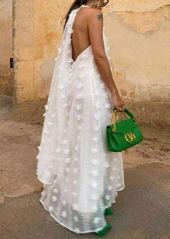 Bohemian White Backless Ribbon Floral Maxi Dress Sleeveless