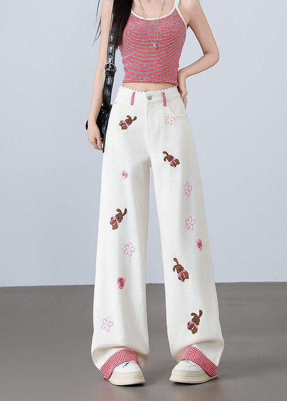 Bohemian White Bear Embroidered Denim Straight Pants Summer