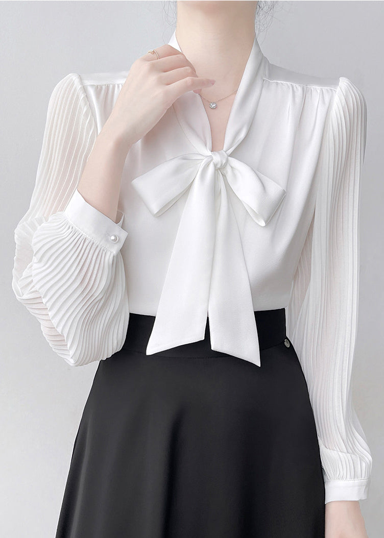 Bohemian White Bow Draping Chiffon Pleated Shirts Spring