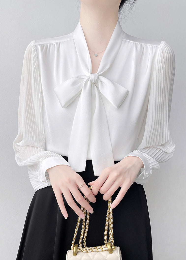 Bohemian White Bow Draping Chiffon Pleated Shirts Spring