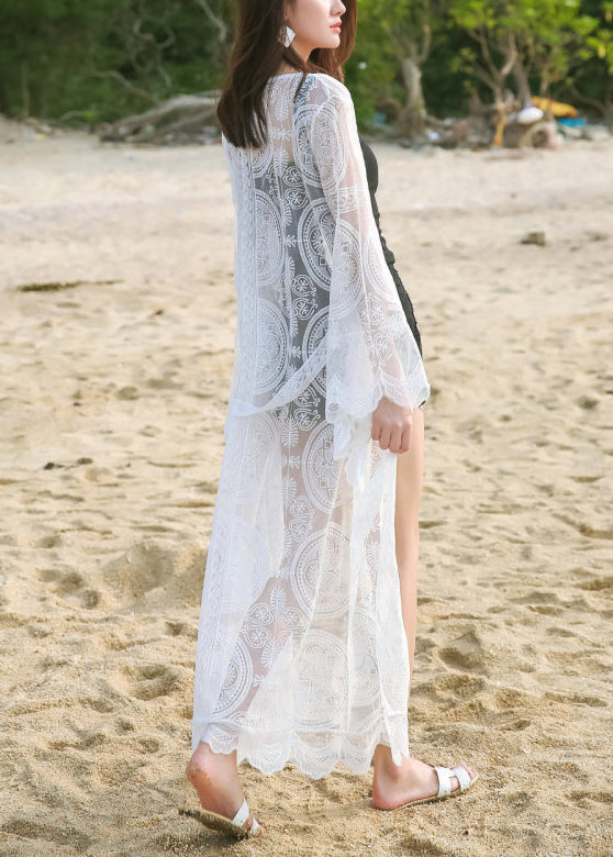 Bohemian White Embroidered Tie Waist Lace Loose Cardigans Summer