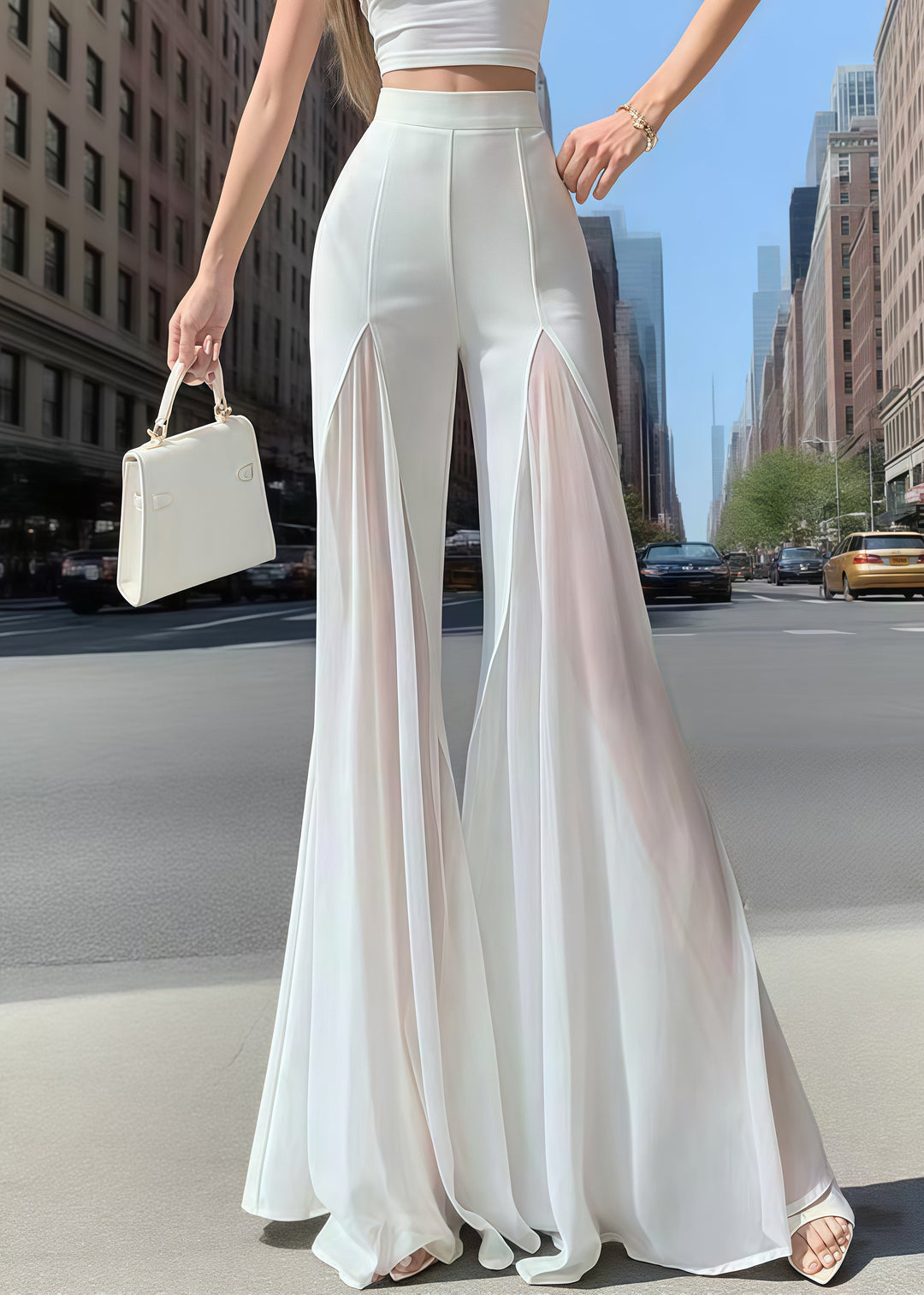 Bohemian White High Waist Patchwork Chiffon Bell-bottom Trousers Summer
