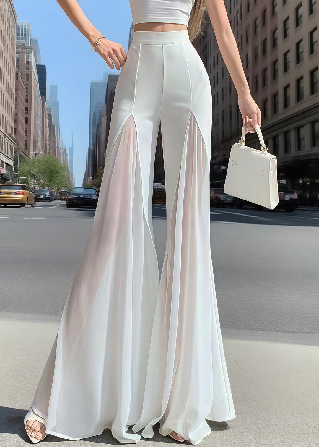 Bohemian White High Waist Patchwork Chiffon Bell-bottom Trousers Summer