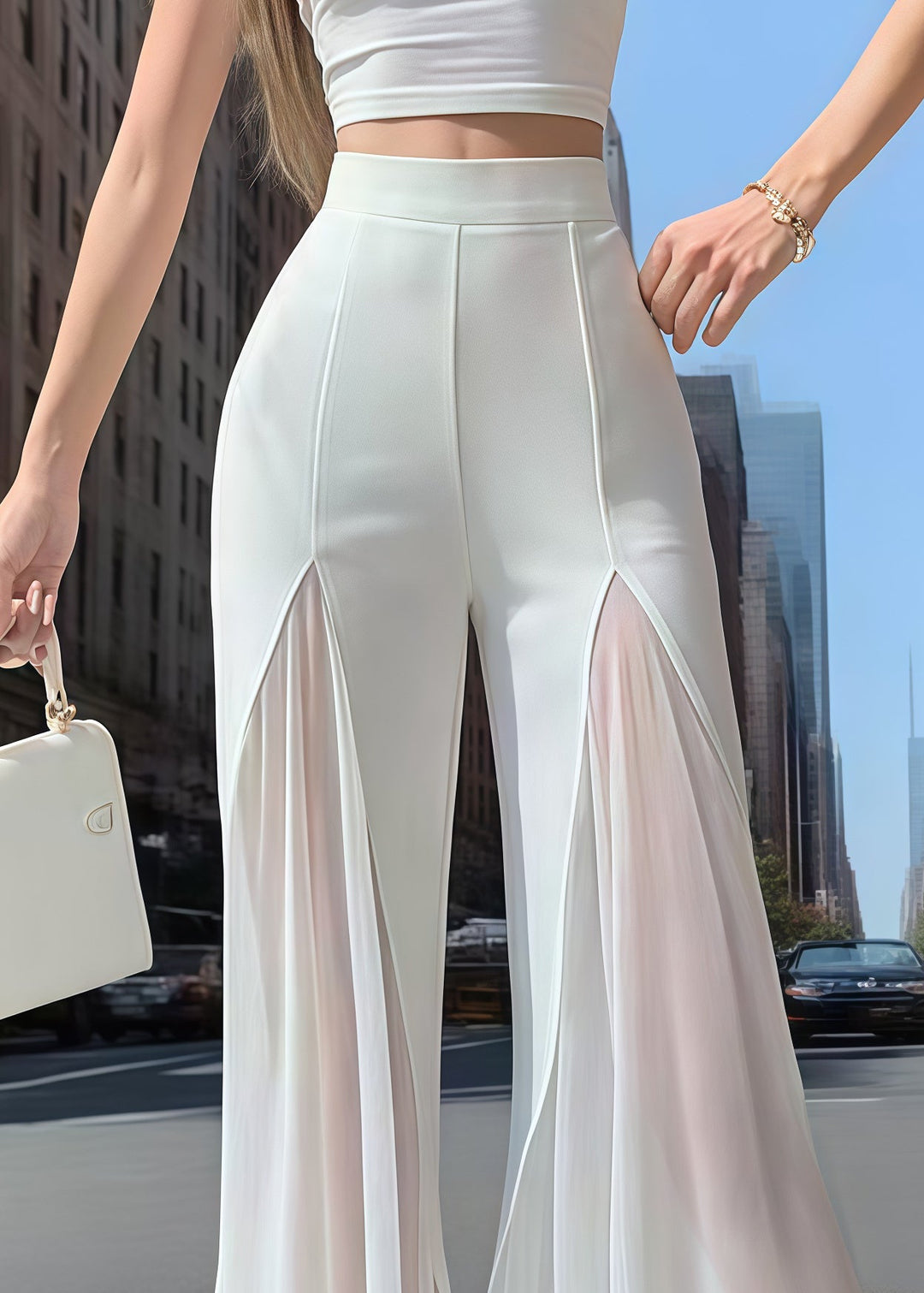 Bohemian White High Waist Patchwork Chiffon Bell-bottom Trousers Summer