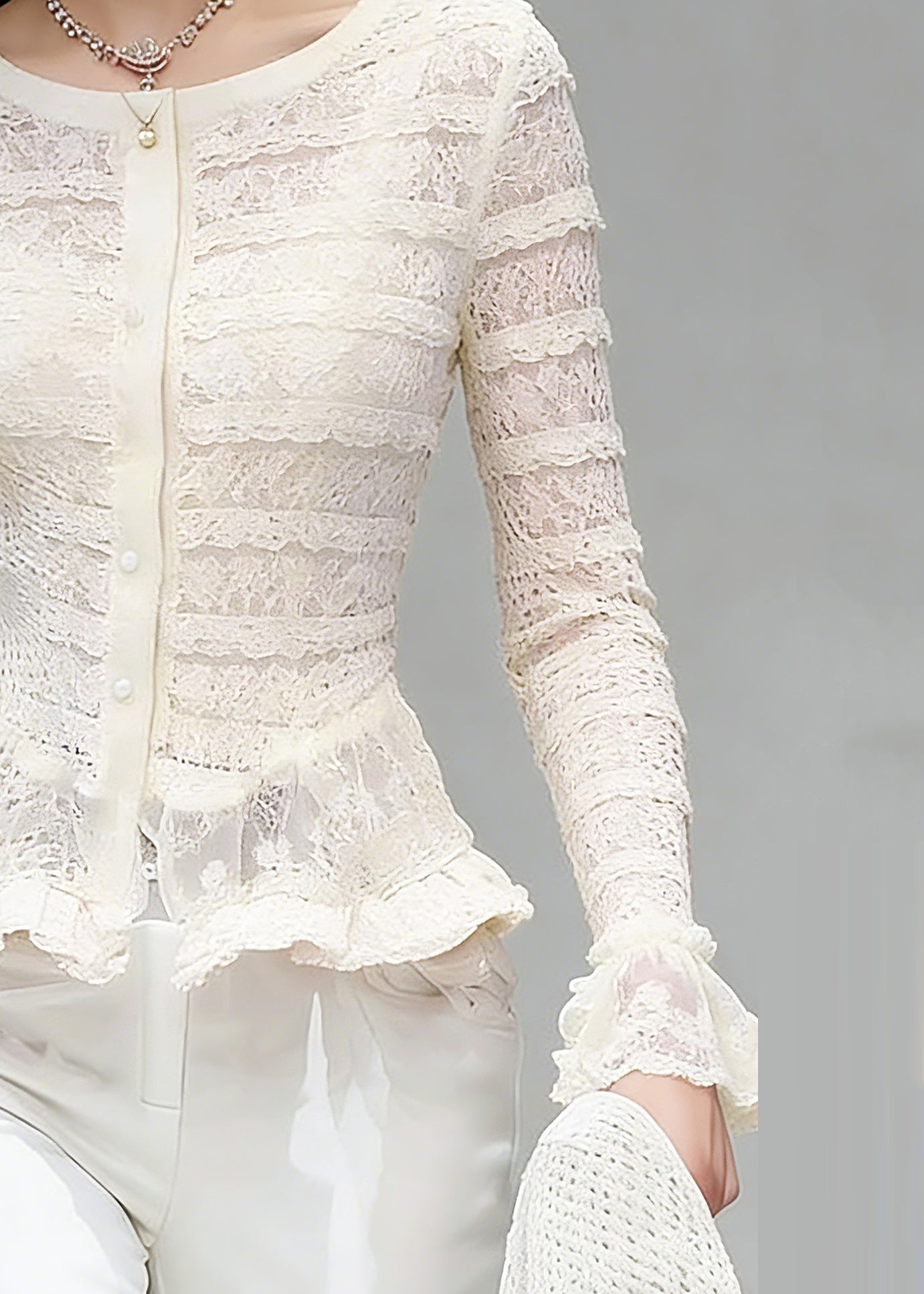 Bohemian White O-Neck Ruffled Patchwork Lace Tops Flare Sleeve - Omychic