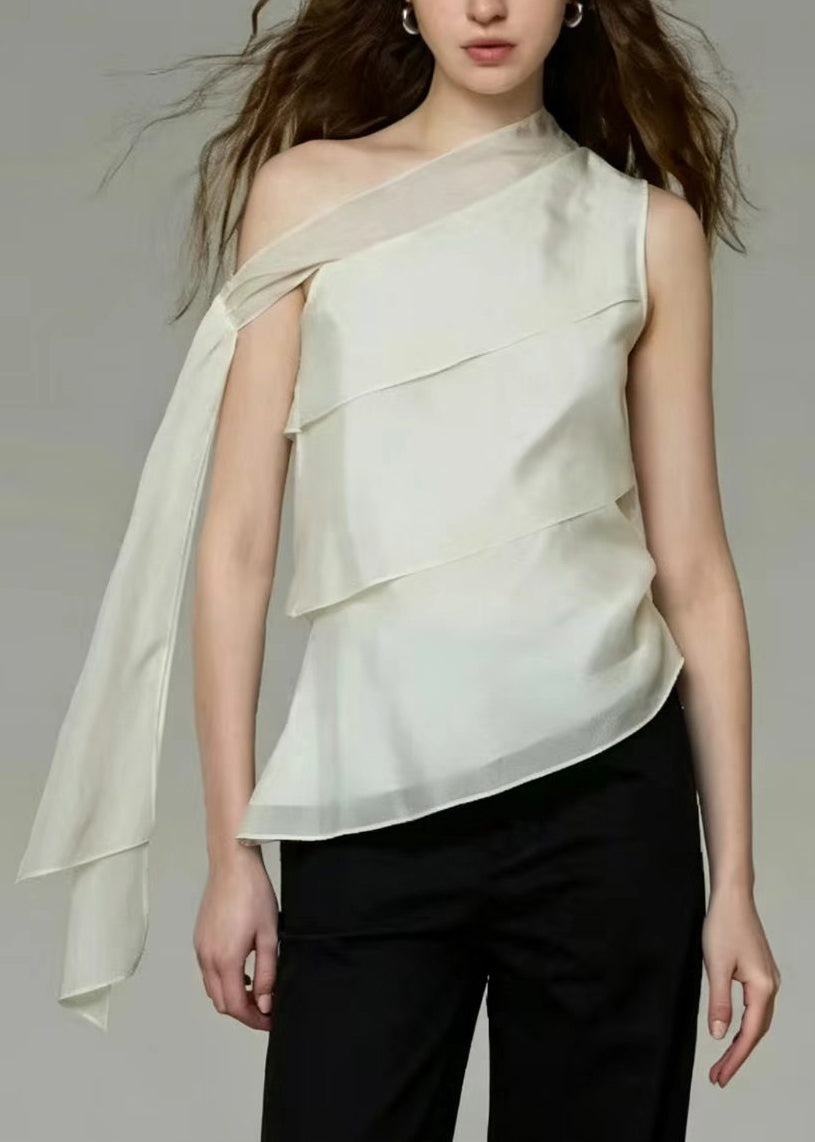 Bohemian White One Shoulder Patchwork Chiffon Top Sleeveless