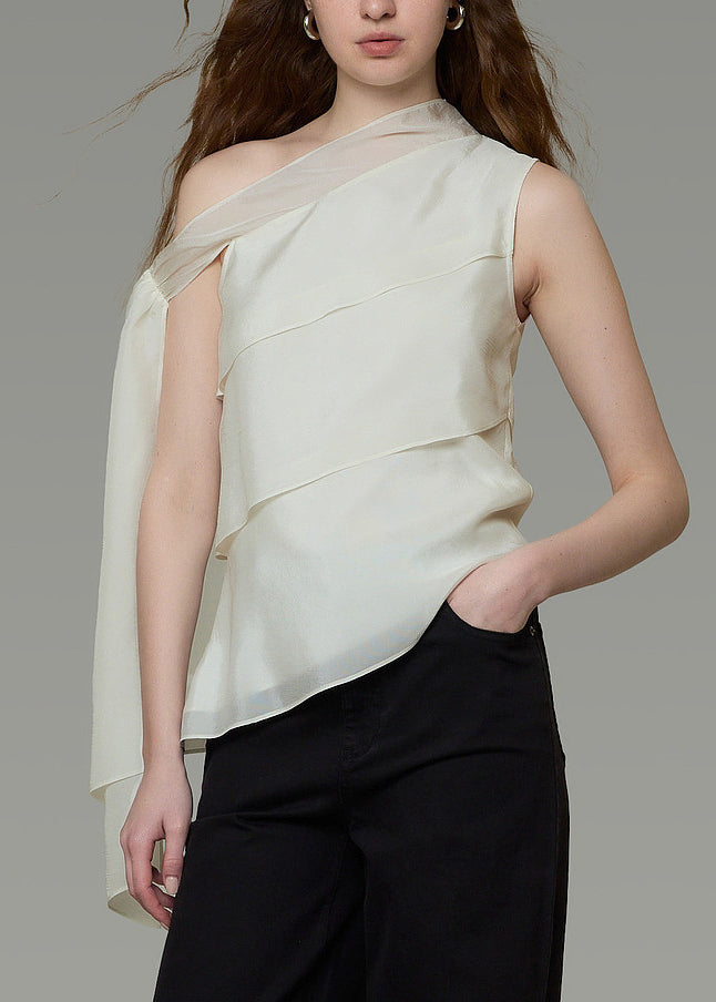 Bohemian White One Shoulder Patchwork Chiffon Top Sleeveless