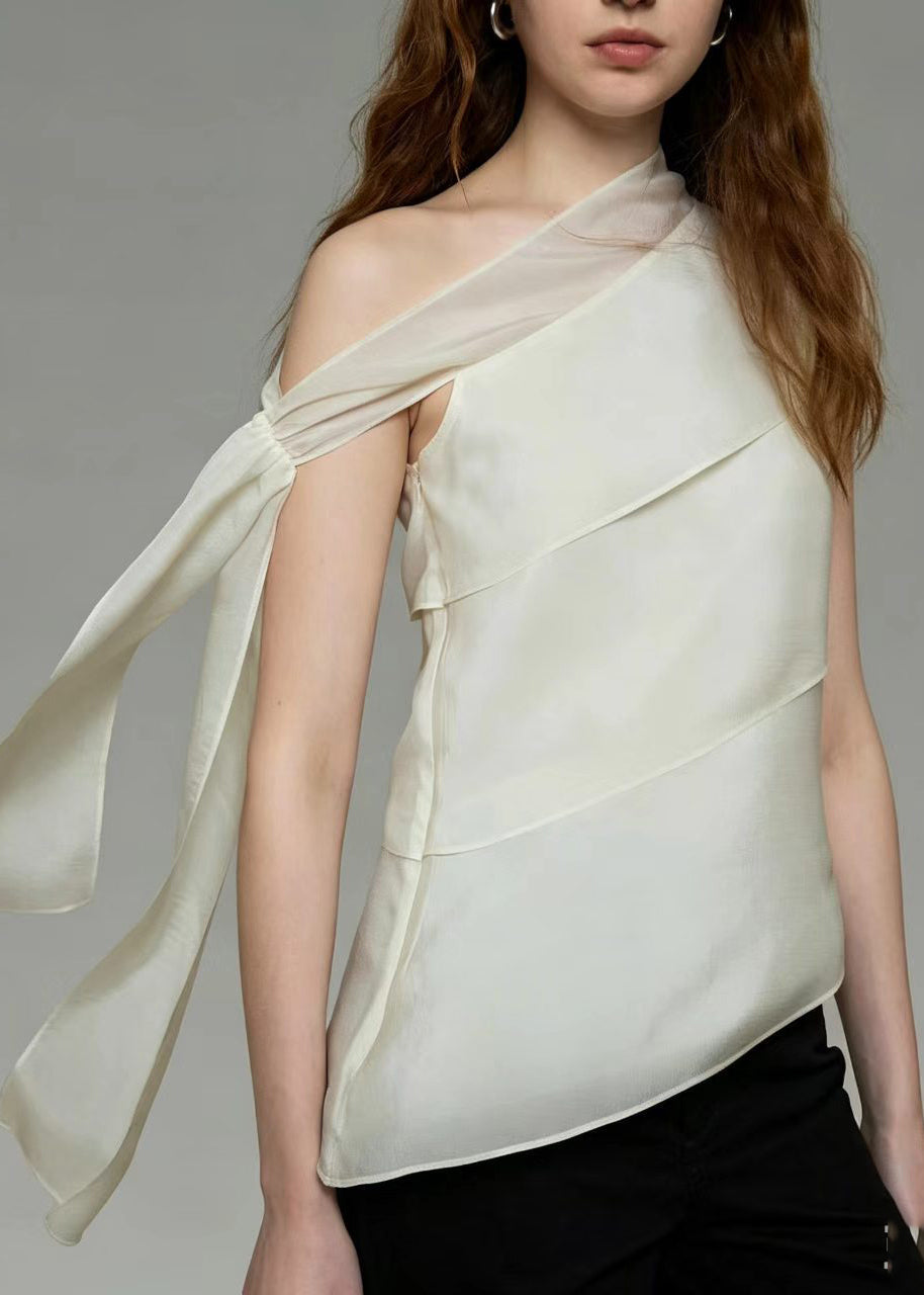 Bohemian White One Shoulder Patchwork Chiffon Top Sleeveless