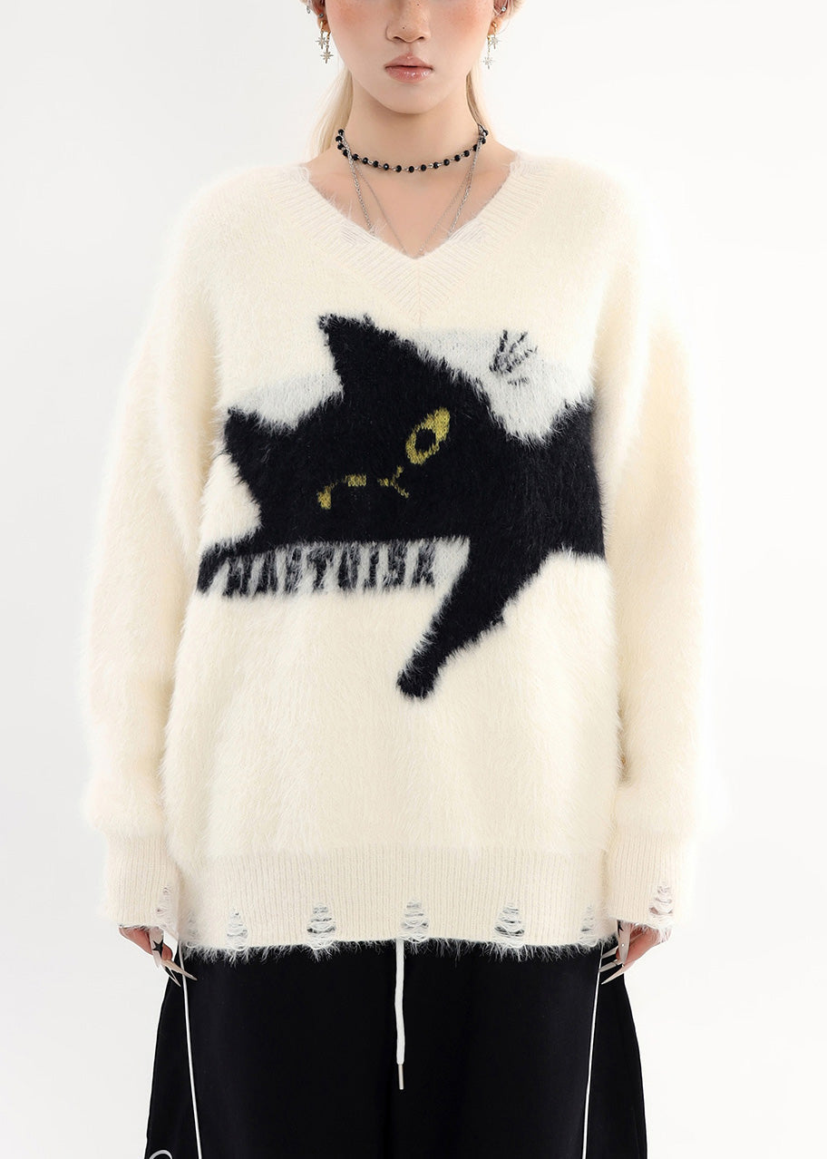 Bohemian White Oversized Cute Cat Cozy Hole Sweater Tops Winter