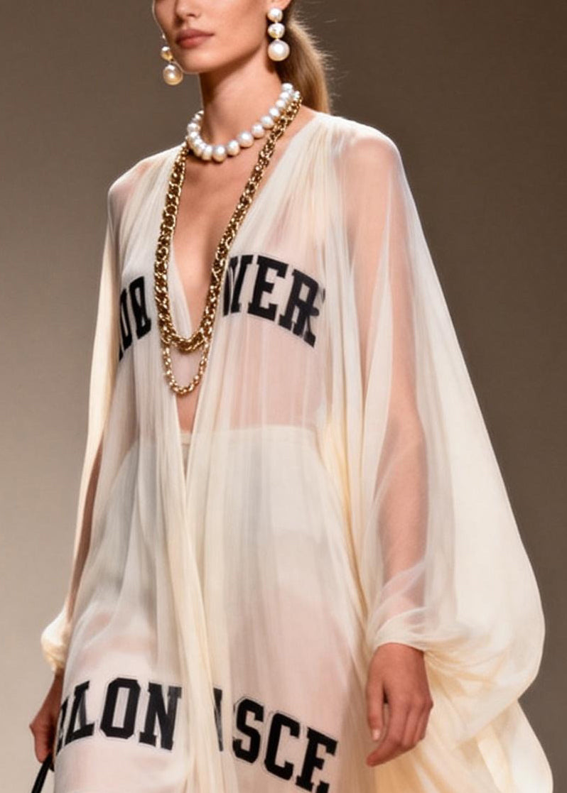 Bohemian White Oversized Letter Print Chiffon Sheer Dresses Summer