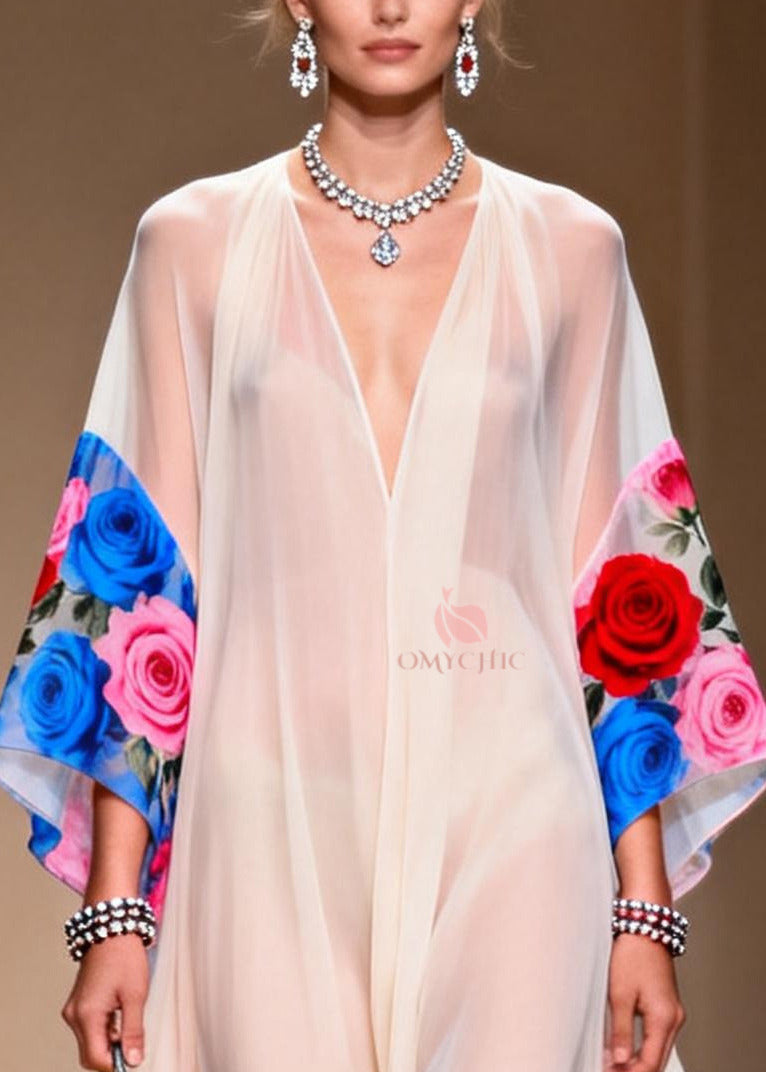Bohemian White Oversized Print Chiffon Vacation Dresses Summer