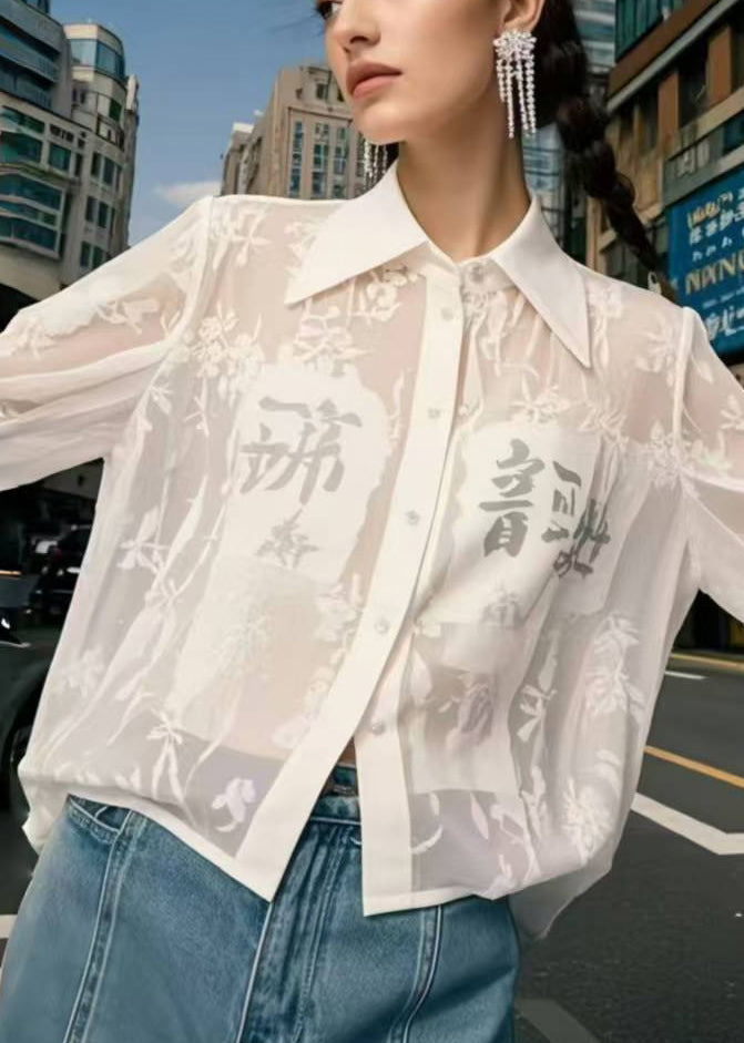Bohemian White Print Chiffon UPF 50+ Shirts Spring